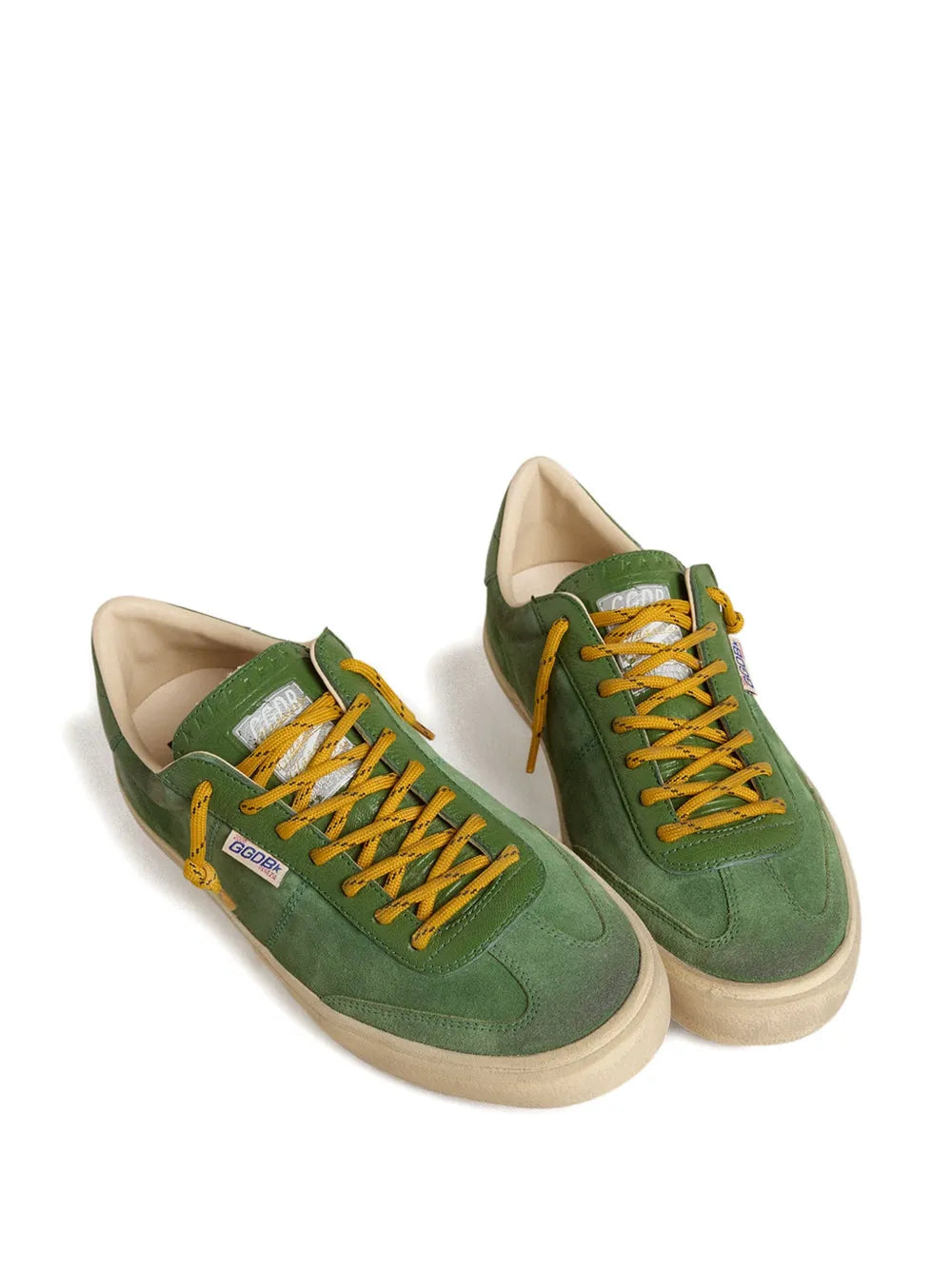 Golden Goose Soul Star green suede sneakers, pair view, yellow lace-up closure