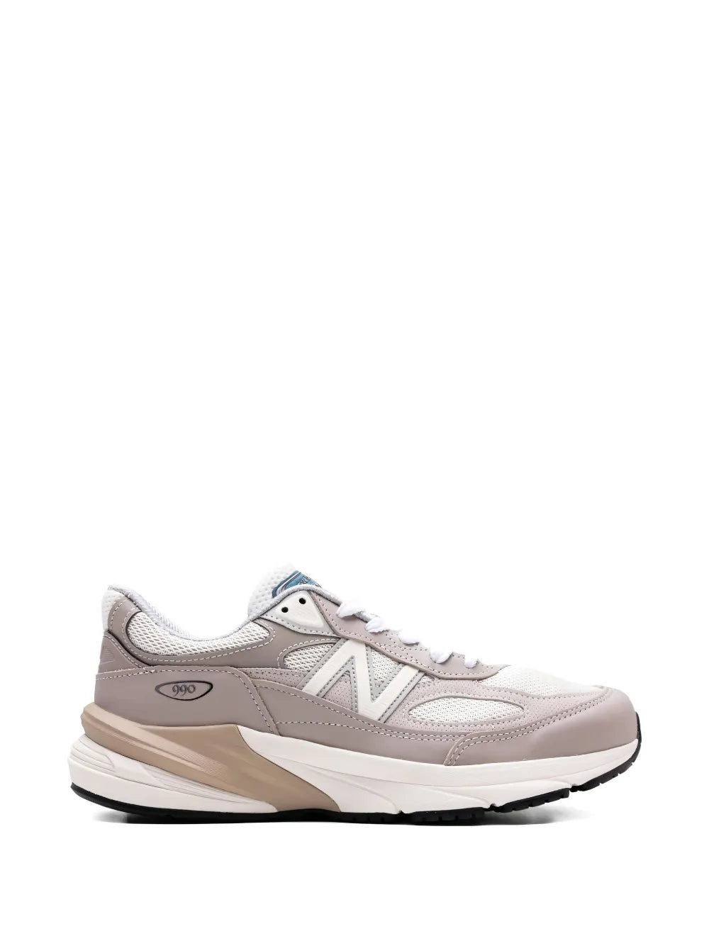 New Balance 990V6 sneakers, front side view, light mushroom and moonrock