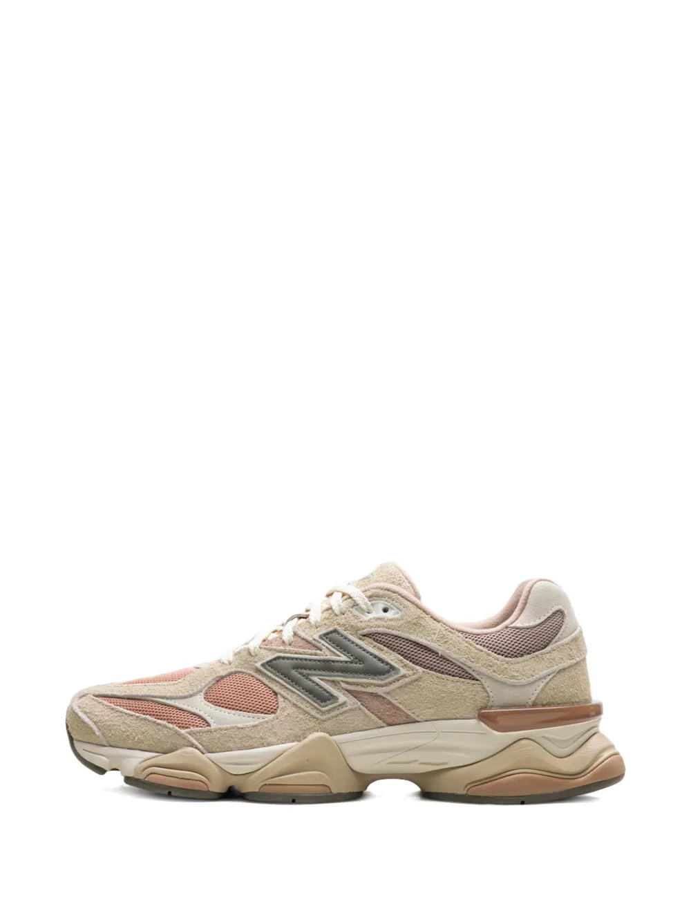 New Balance 9060 sneakers, front side view, light taupe with pink panels and N logo