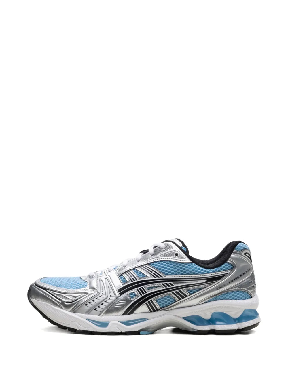 ASICS Gel-Kayano 14 running shoe, silver and blue upper with black collar, angled view