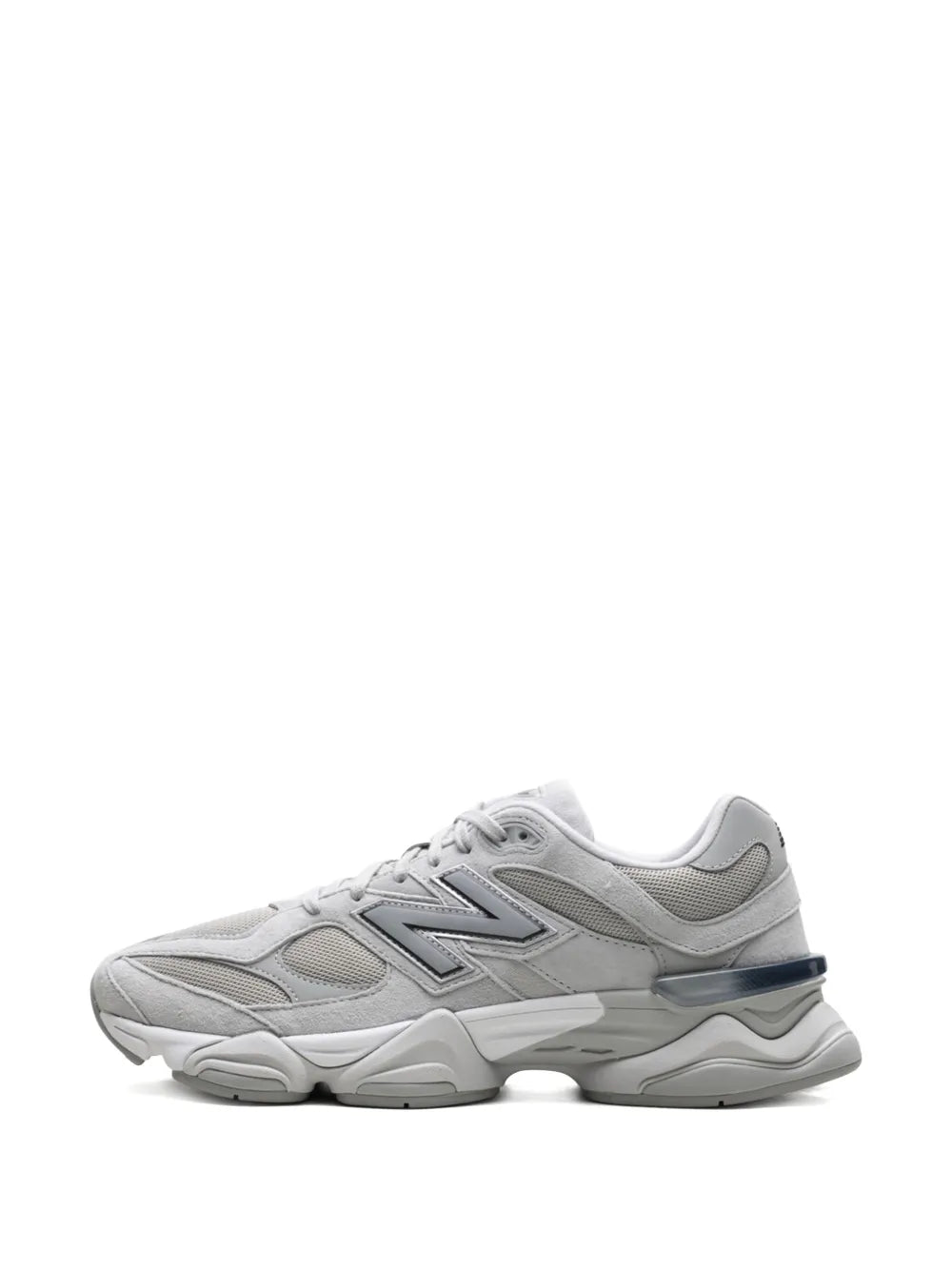 Grey lace-up running sneaker, front side angle with N logo and raised sole