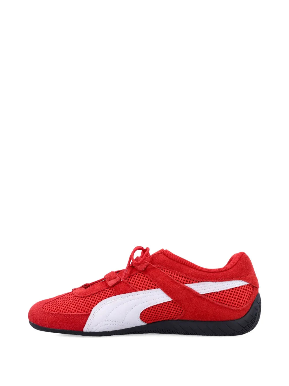 Red mesh lace-up sneaker with white side panel and PUMA cat logo, dark sole