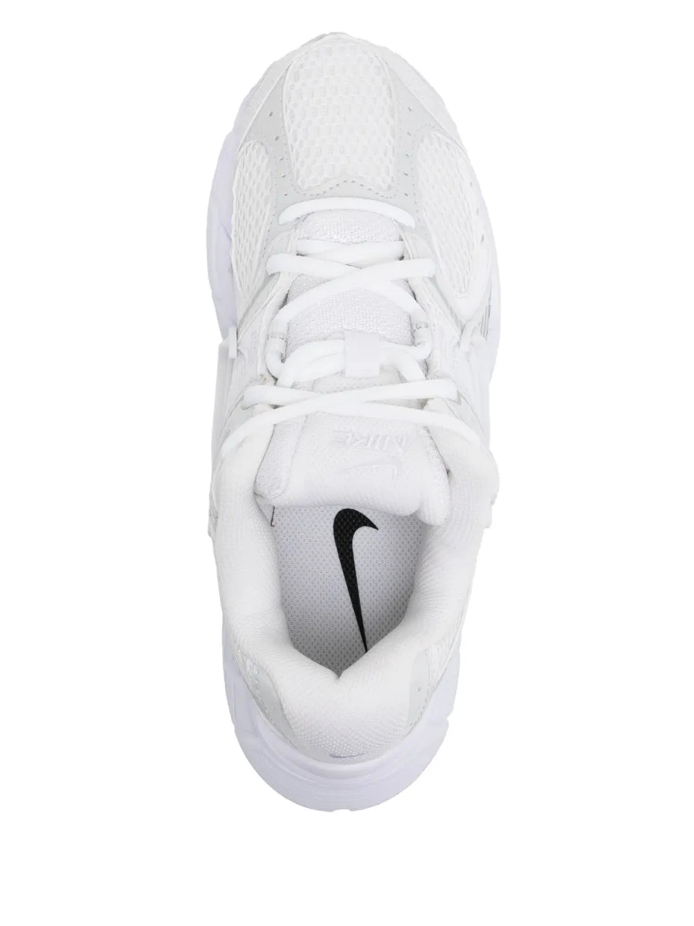 Nike white lace-up running shoe front view, mesh upper with swoosh detail