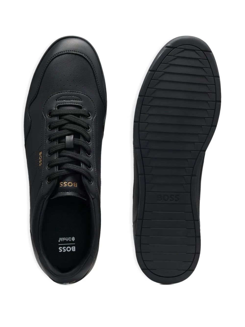 Black leather lace-up sneakers with rubber sole view and logo stamp on tongue