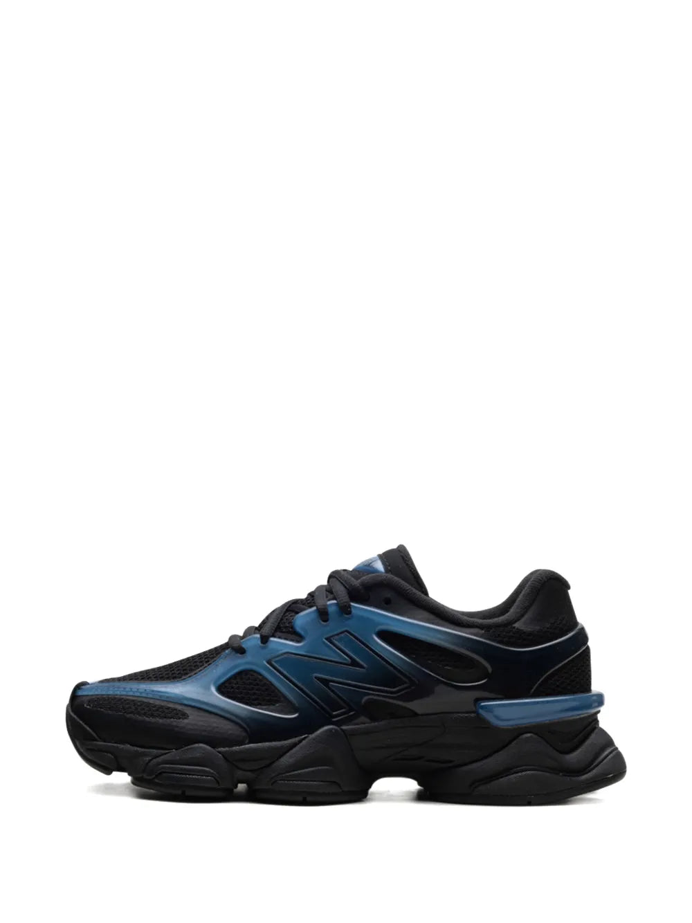 New Balance 9060 front side sneakers, dark navy upper with light blue lace panel