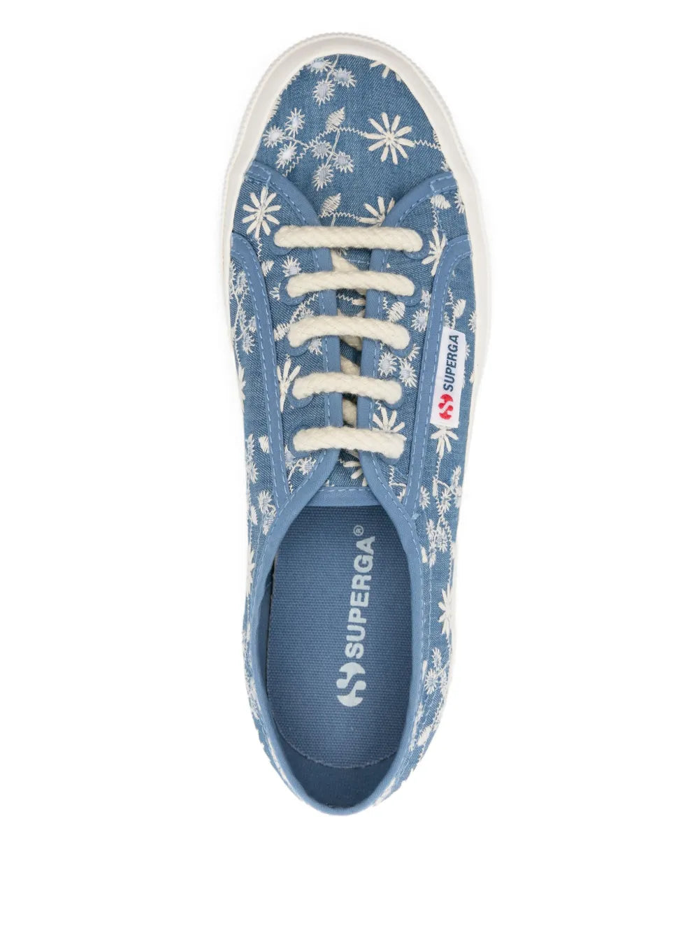 Blue floral canvas sneaker with 'Superga' lettering on inner sole, lace-up