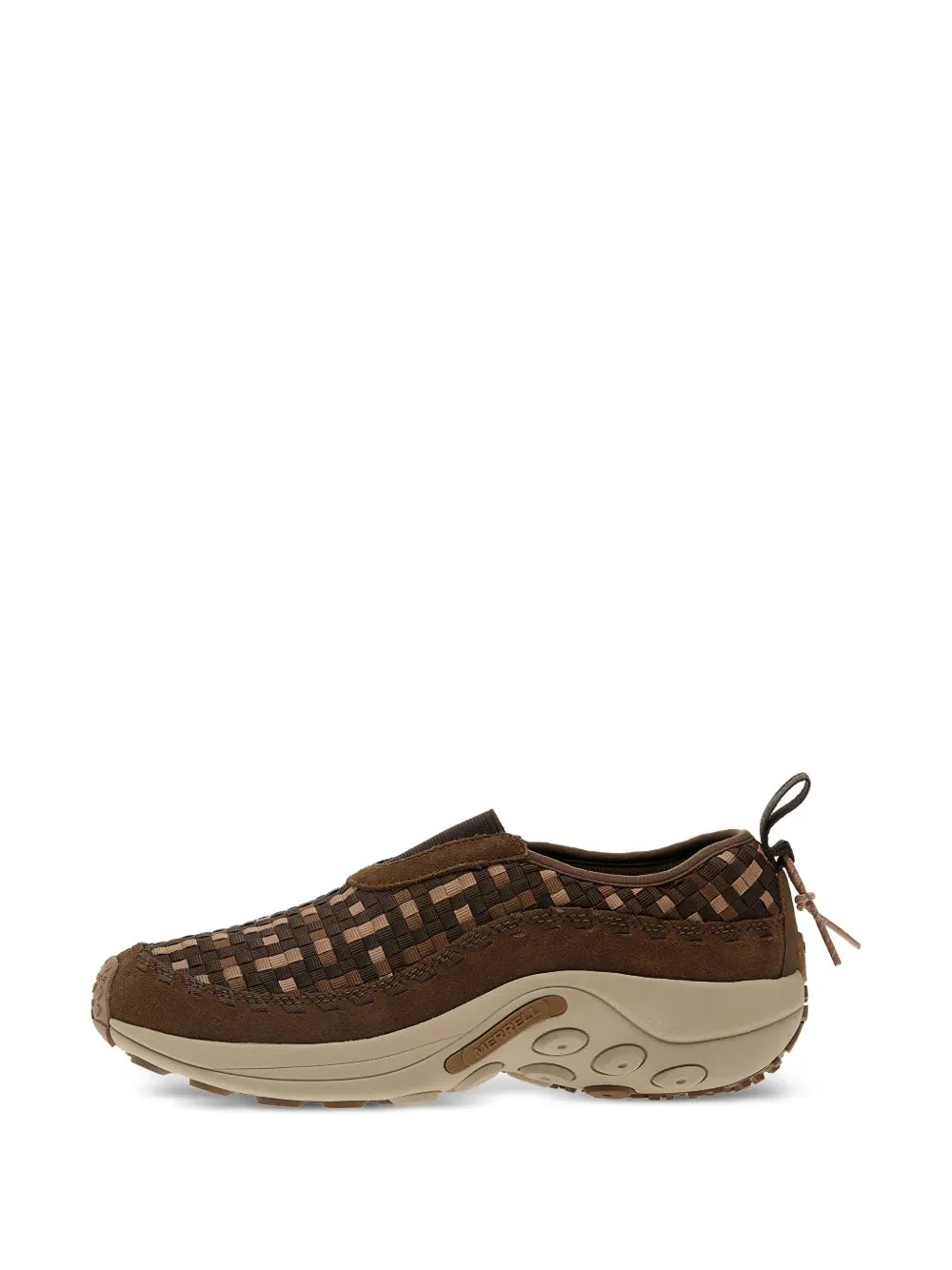 Brown woven slip-on moc shoe with bungee lace detail and beige rubber midsole
