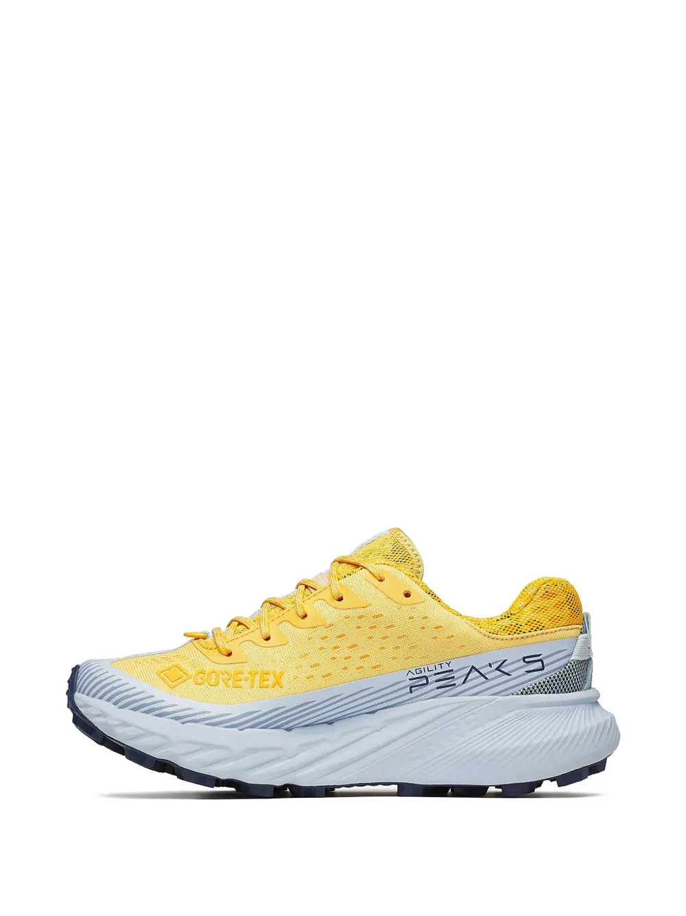 Men's Merrell trail running shoe in yellow with GORE-TEX upper and blue-gray outsole