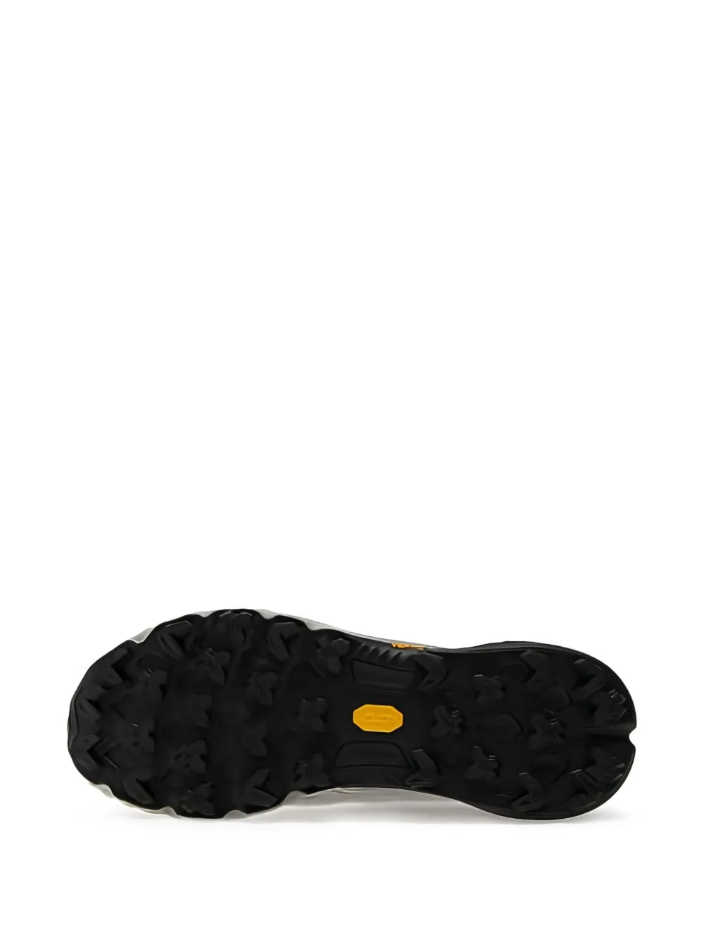 Black rugged outsole tread with yellow accent nub on Merrell trail sneakers
