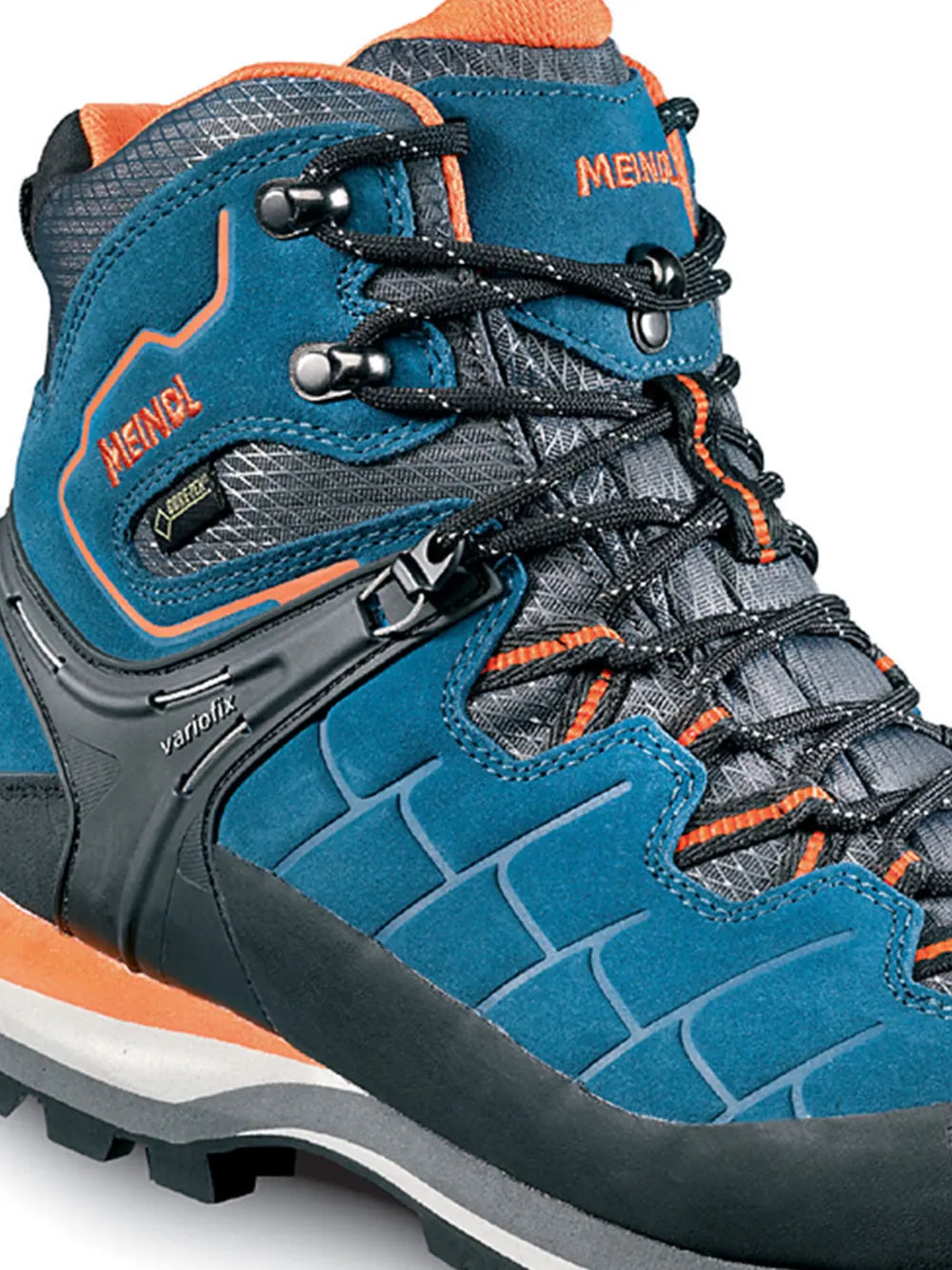 Blue hiking sneaker upper close-up with lace hooks, orange trim, and textured panels
