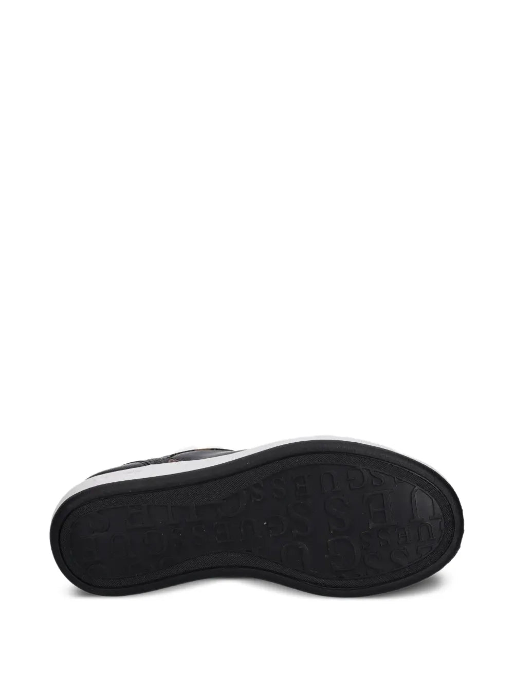 Black rubber outsole view of platform sneakers with embossed GUESS logo