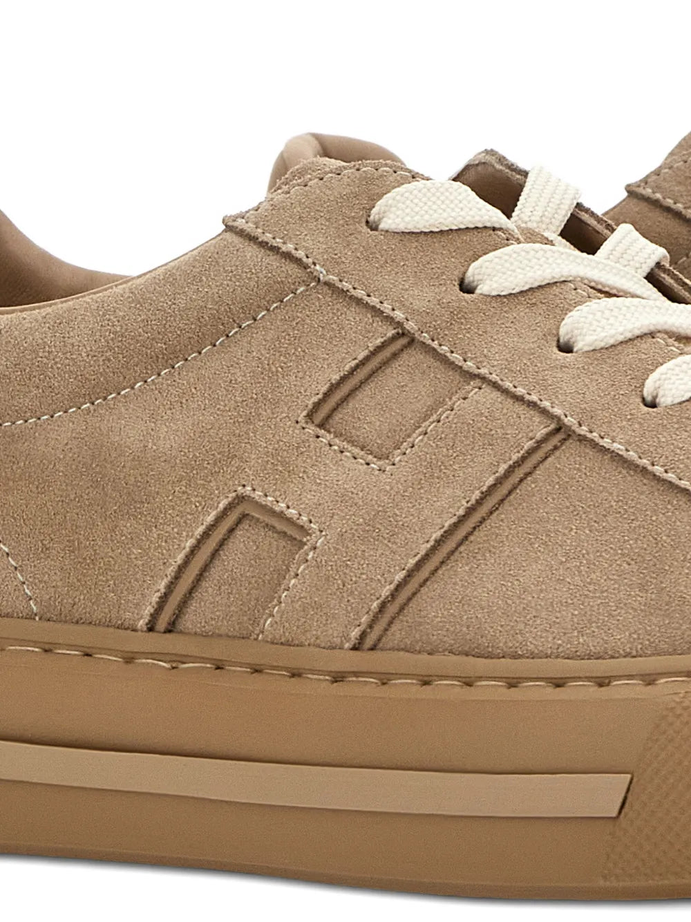 Hogan H691 beige suede sneakers, side logo detail and stitched seams