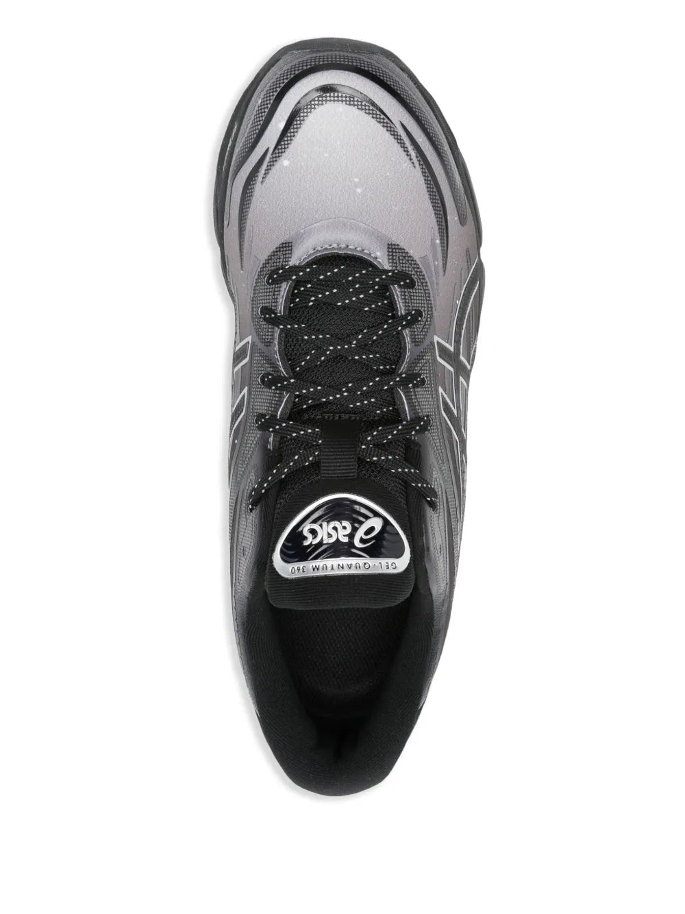 Medium grey Asics Gel-Quantum 360 toe view with black laces and tongue label
