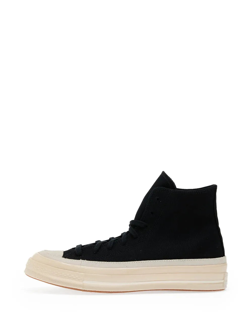 Black high-top lace-up sneaker with off-white midsole and side profile