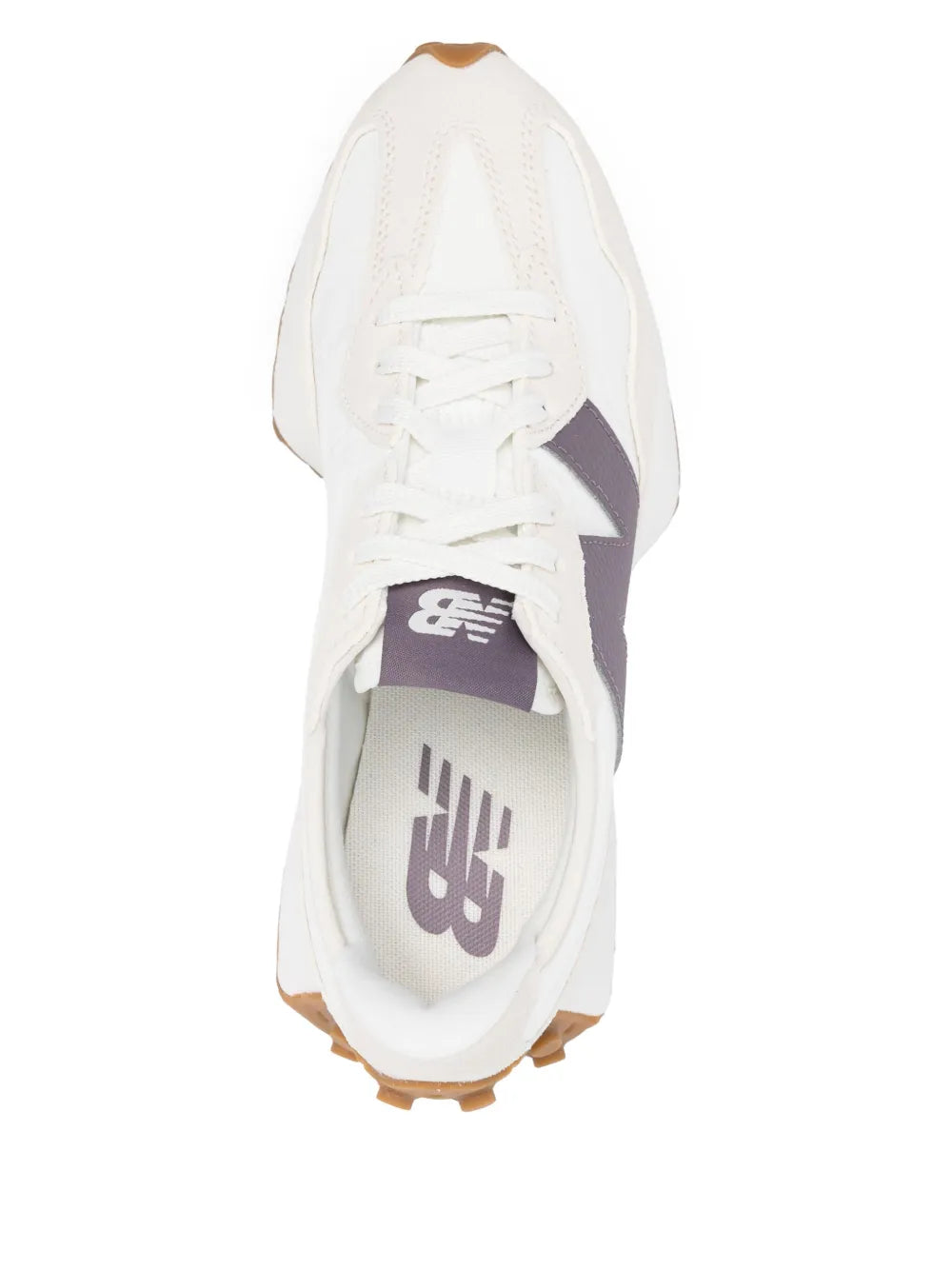 White low-top sneaker profile with purple tongue label and white laces