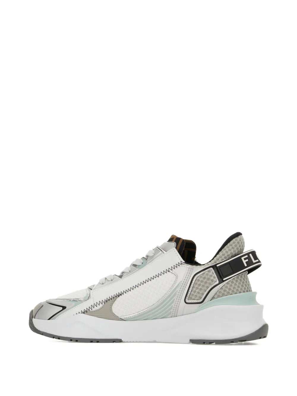 Fendi Flow leather sneakers, side view with mint overlay and black logo heel tab