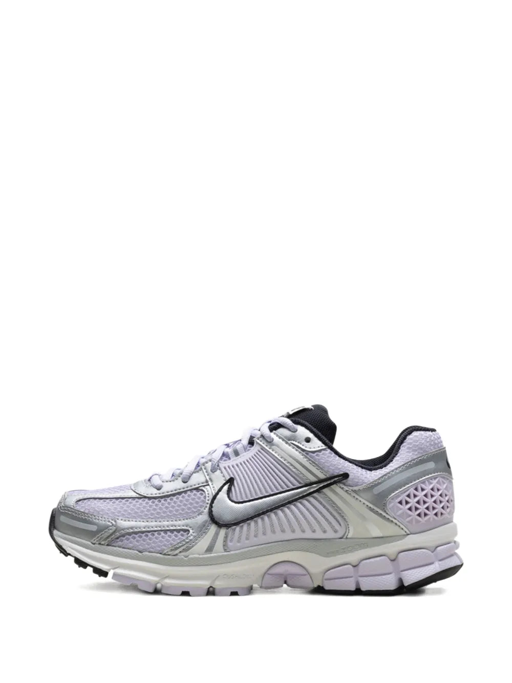 Nike running sneaker front side view with white laces, lavender accents, and gray midfoot