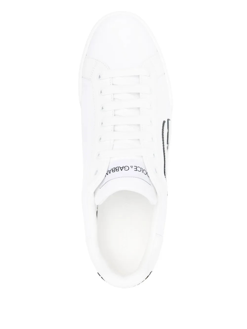 White Dolce & Gabbana sneakers, top view of lace-up and toe cap