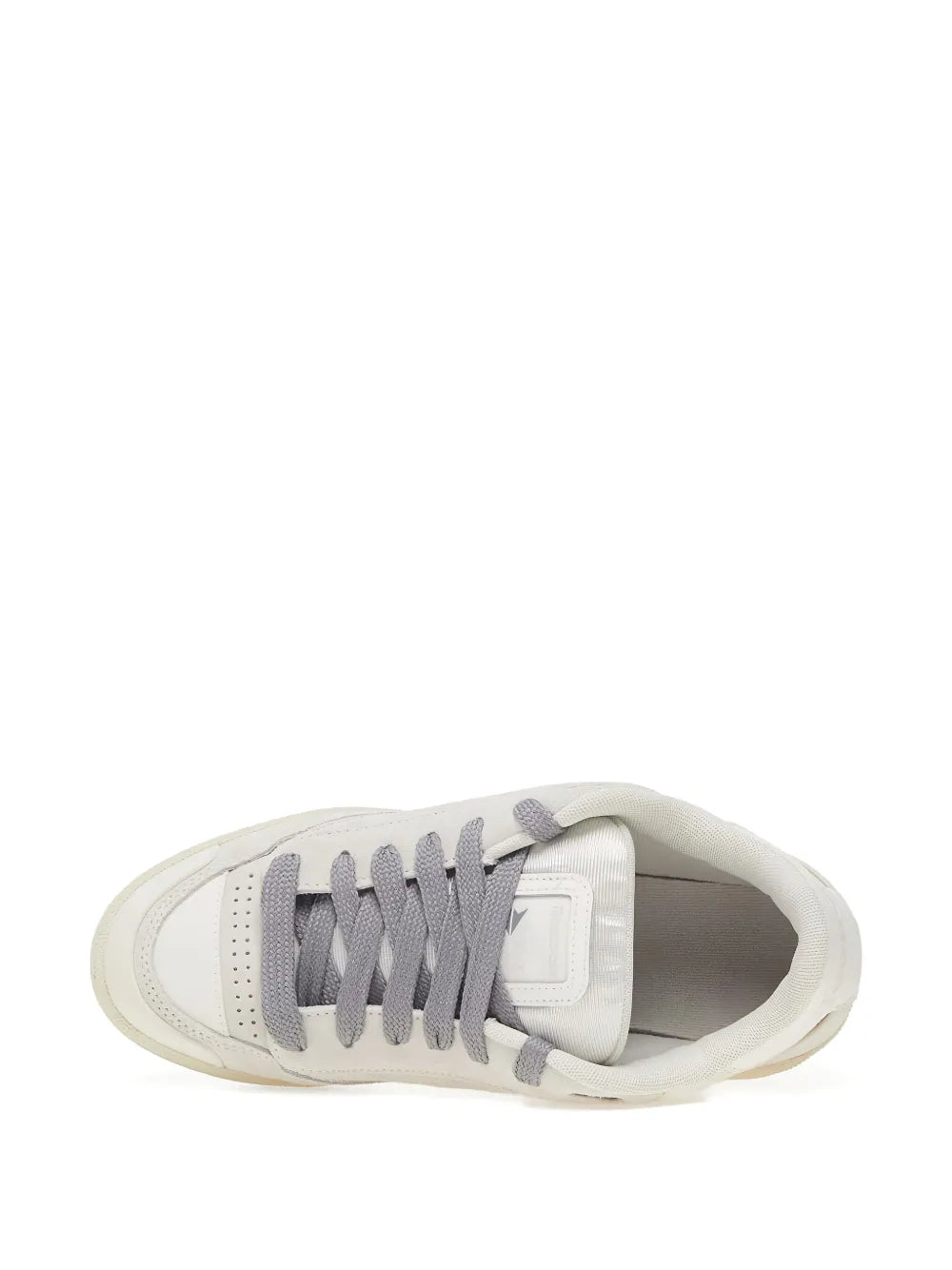 Low-top sneaker side view, cream upper with gray laces and padded tongue