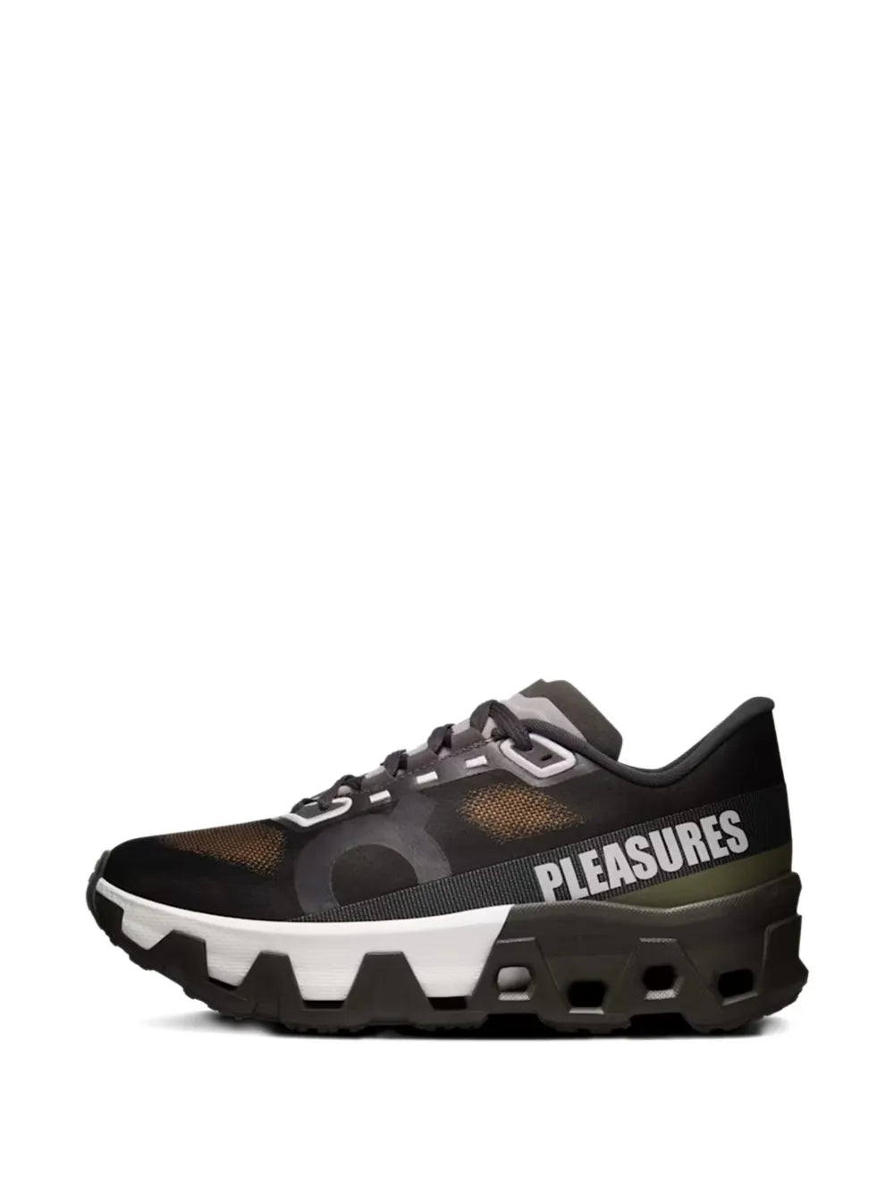 Black running sneakers with "PLEASURES" label and mottled mesh upper