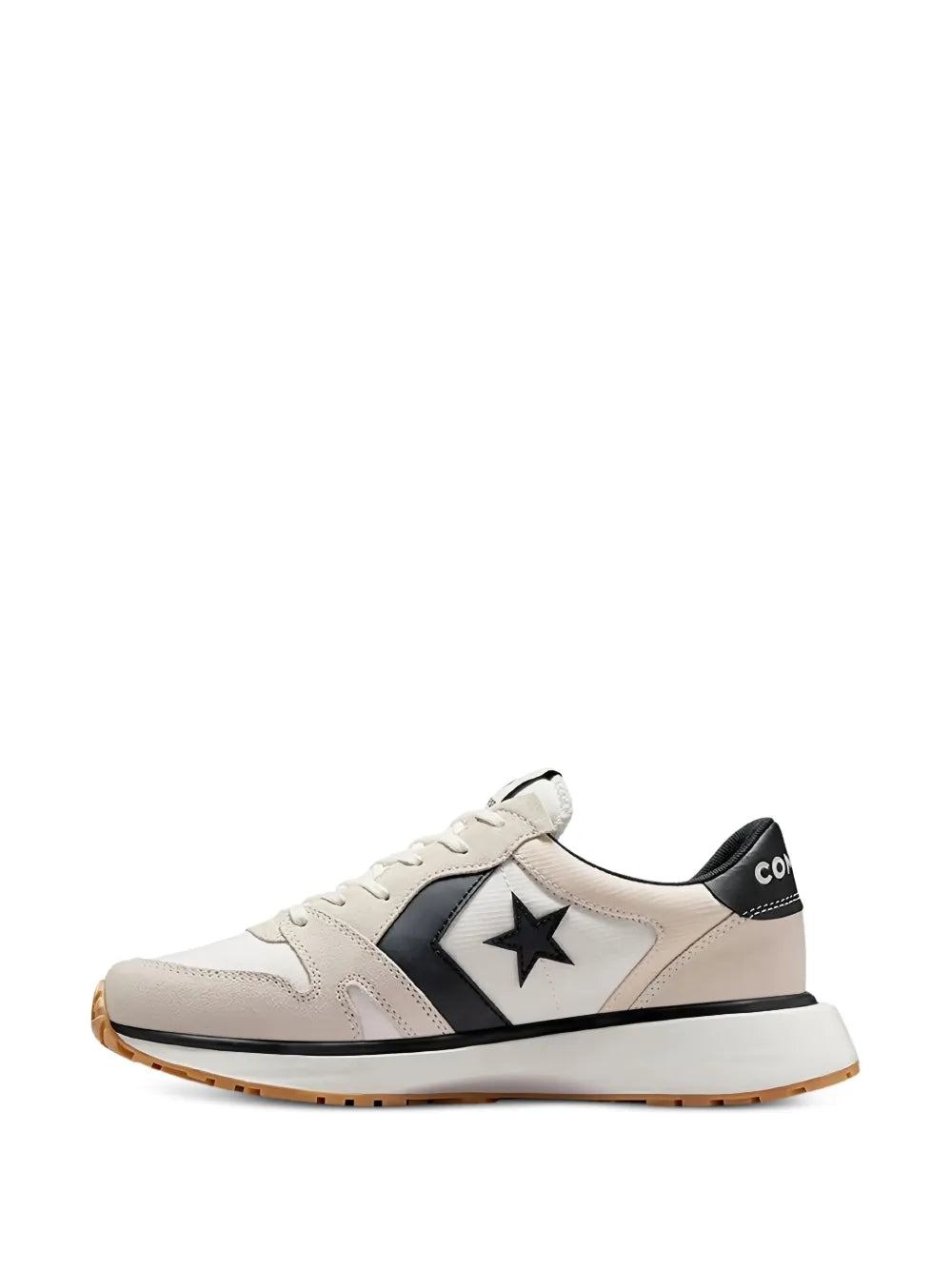 Beige low-top sneaker with black side stripe, star patch, and tan gum sole