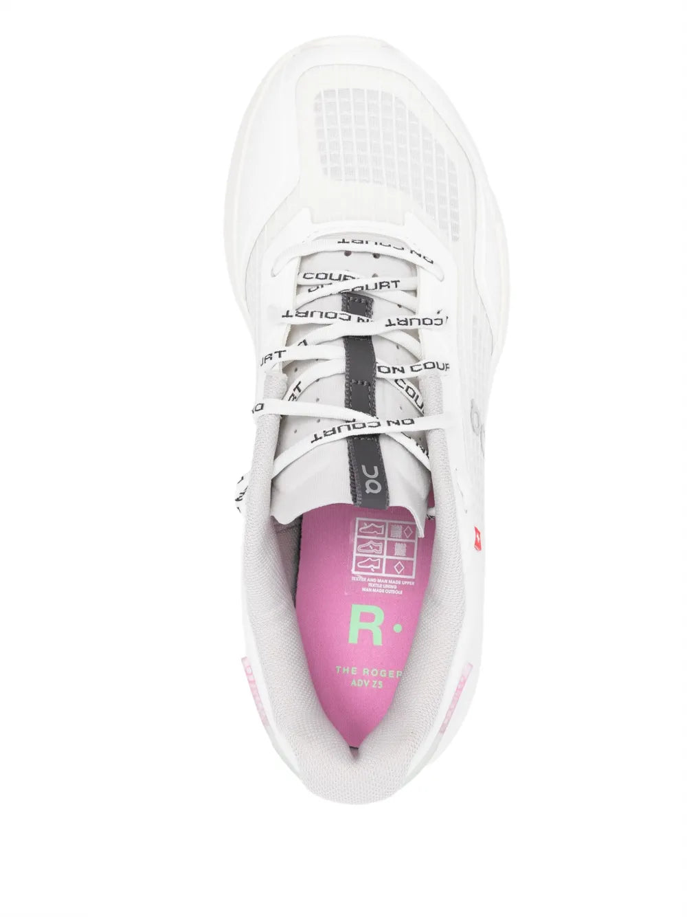 White running shoe with visible insole and pink R cushioning inside
