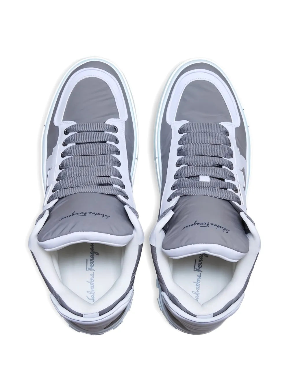 Ferragamo high-top sneakers, top view with grey laces and white toe cap