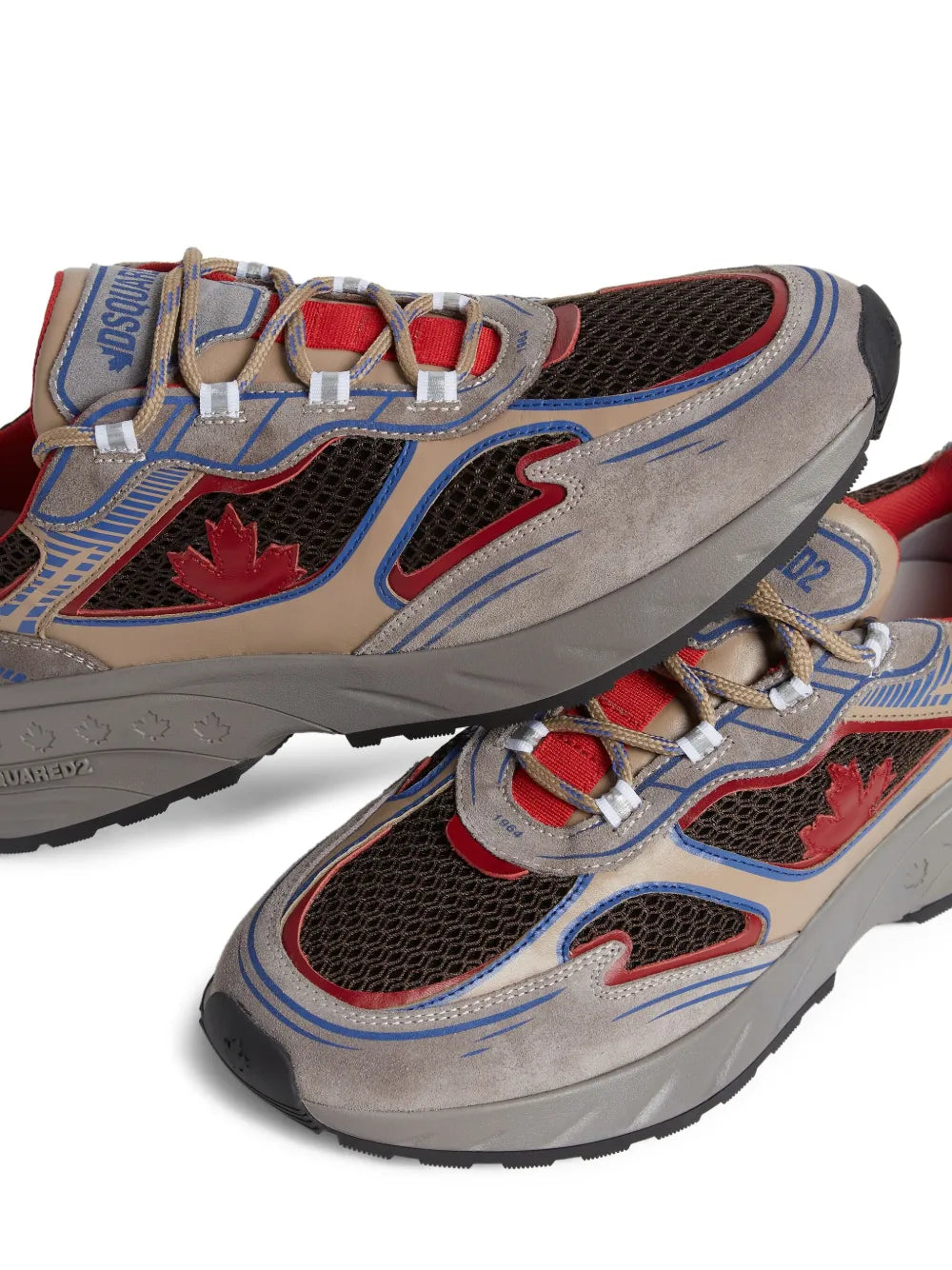 Dsquared2 suede sneaker close-up with grey upper, red logo accents, blue trim and laces