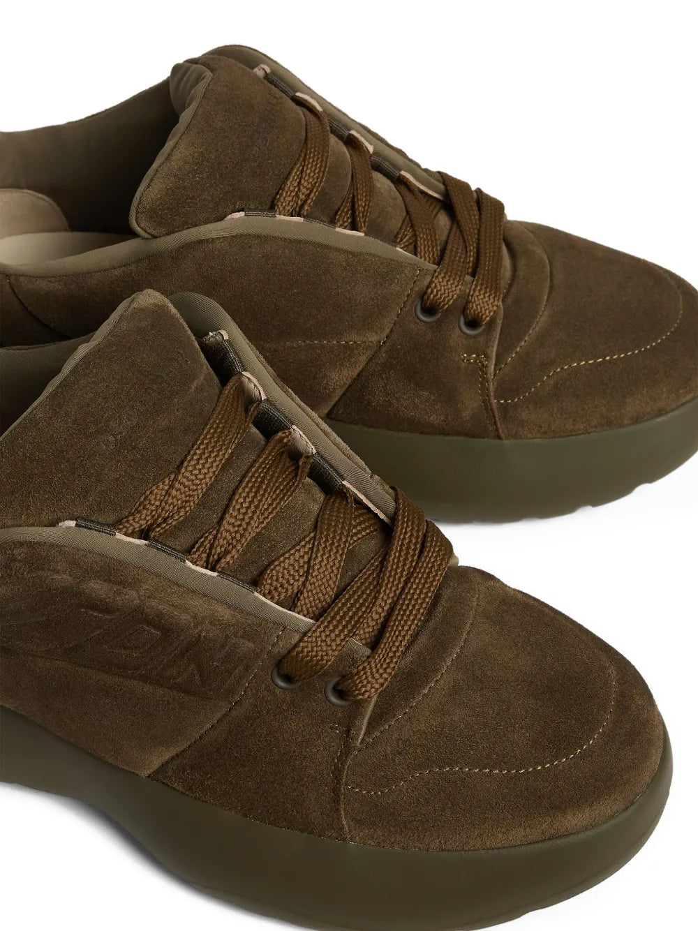 Earth-brown suede Dsquared2 Icon sneakers, close-up of lace and side detailing
