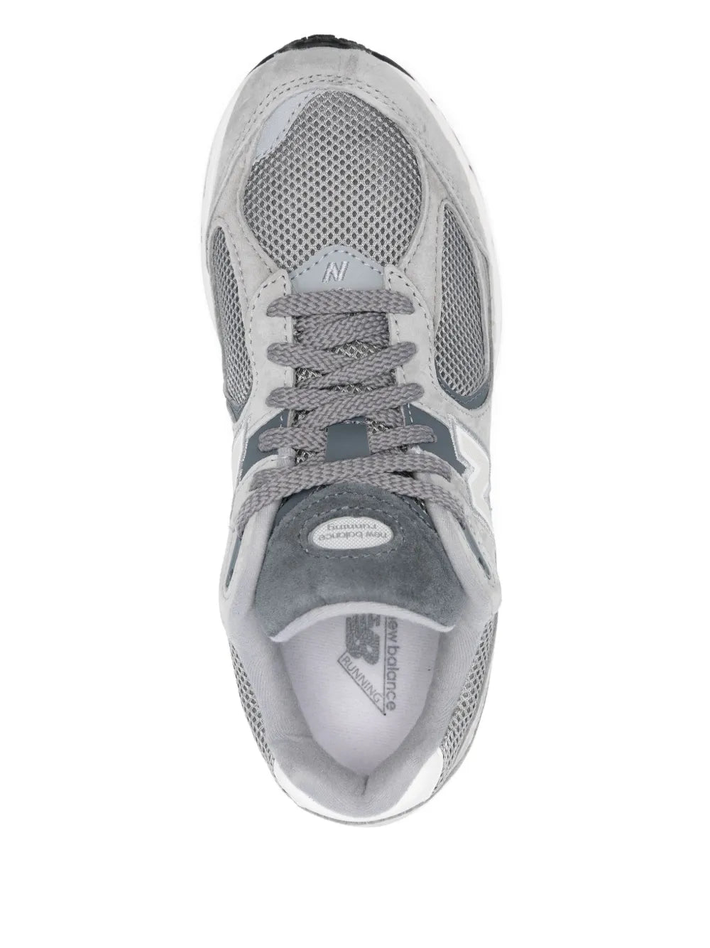 New Balance grey lace-up sneaker, mesh side panel, cushioned collar, insole branding