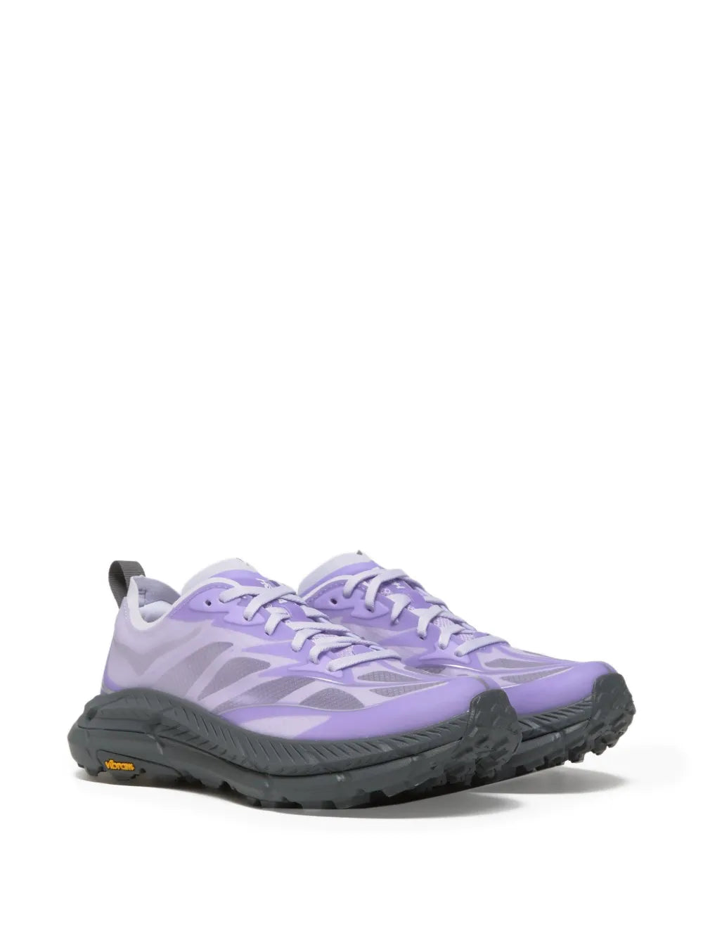 Hoka light purple lace-up running sneakers angled view with dark rugged outsole