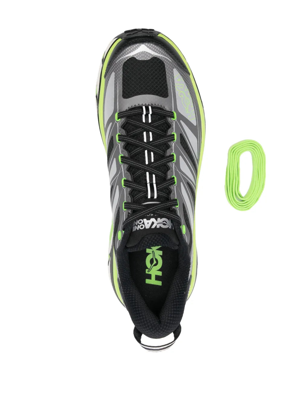 Hoka Mafate Speed 2 sneaker showing black lace-up front and lime green outsole