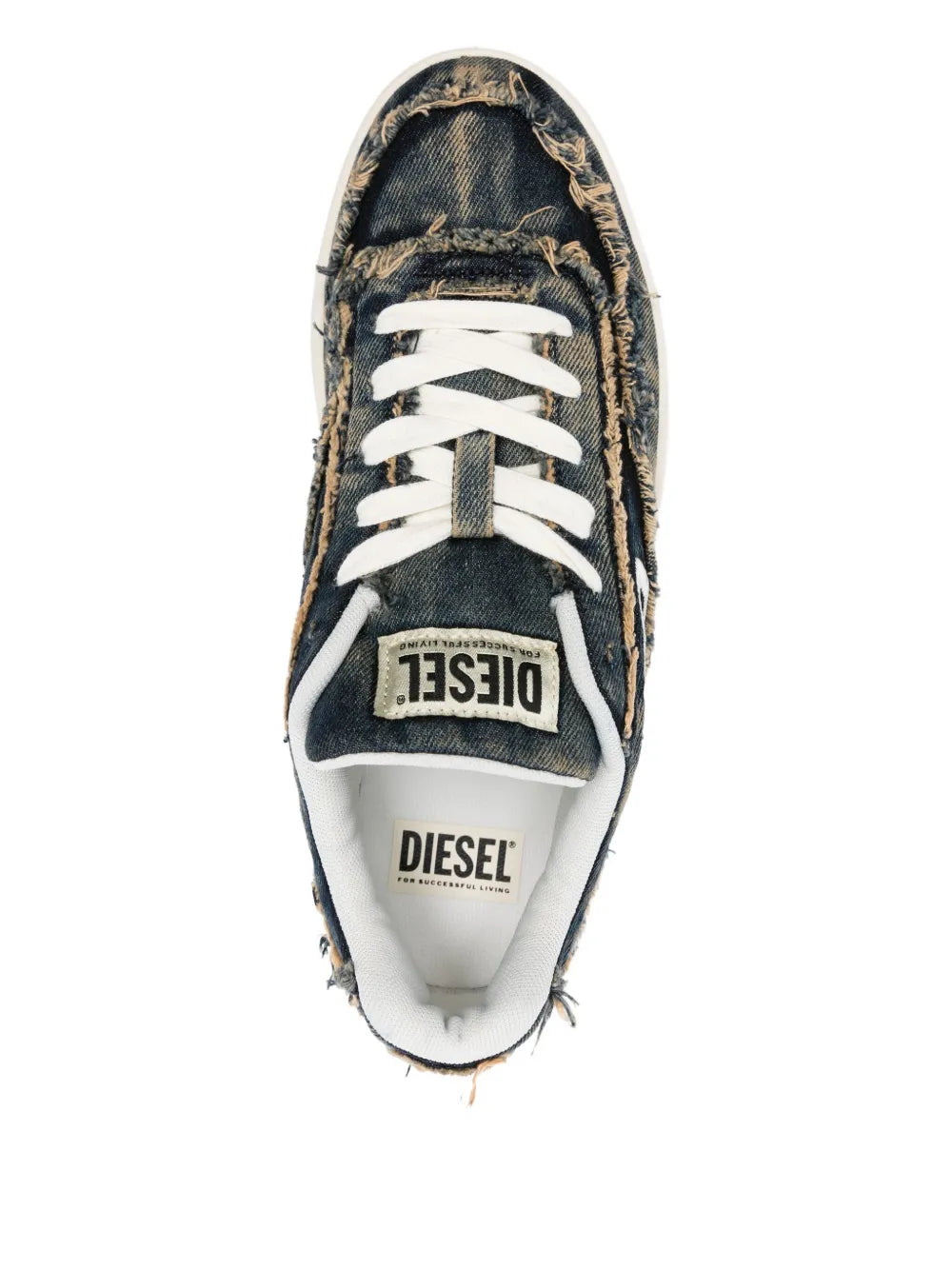 Diesel frayed denim sneakers, top view with DIESEL tongue label and white laces