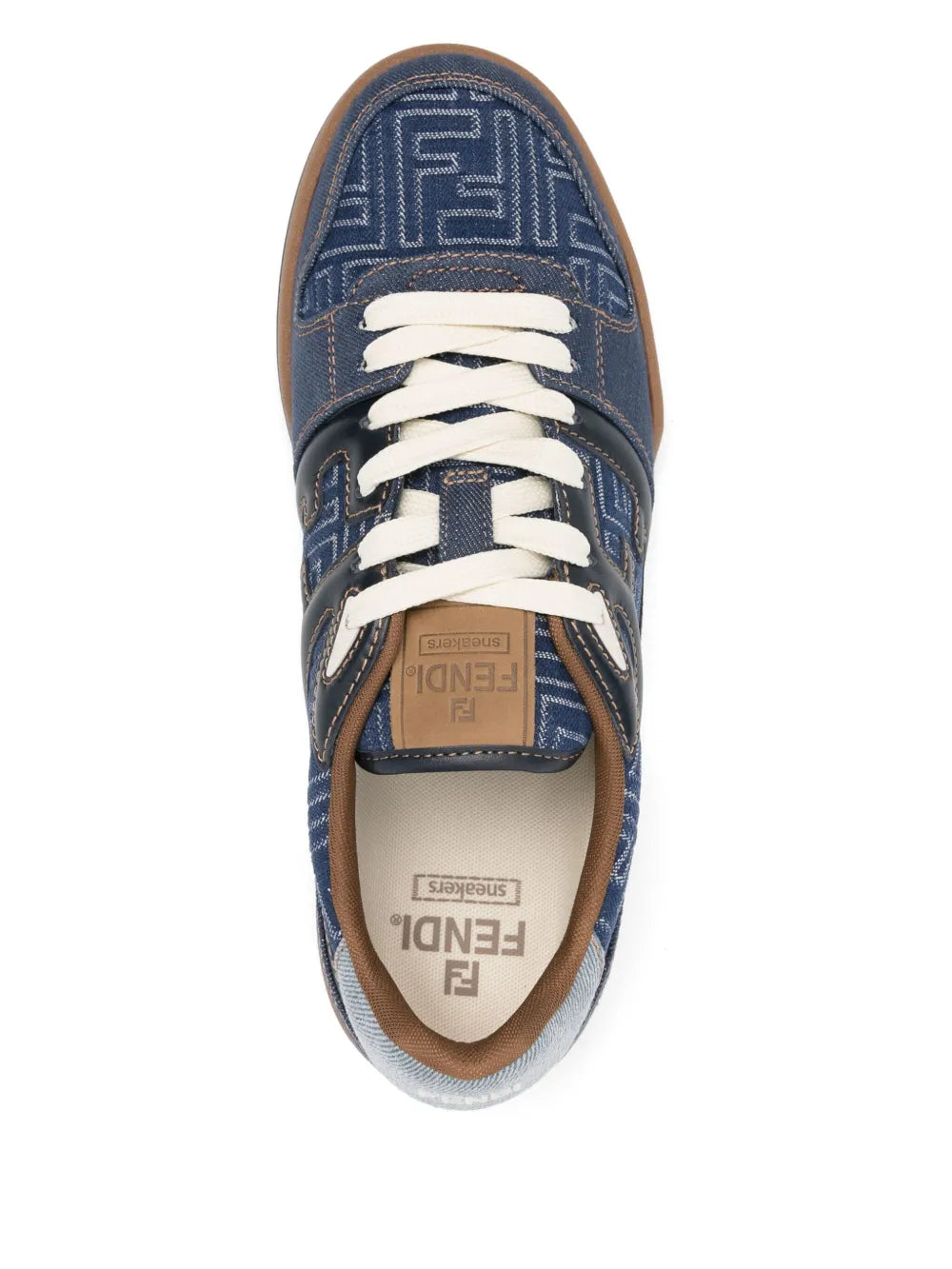 Fendi Match blue leather sneakers, front view with white laces and logo insole
