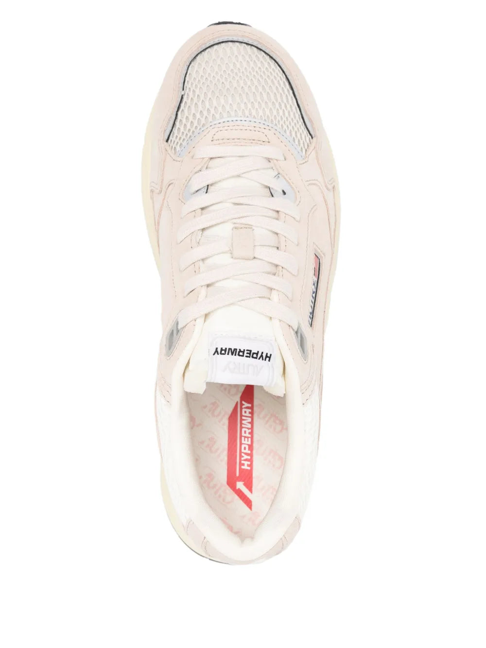 Beige lace-up sneakers with mesh tongue and interior logo patch