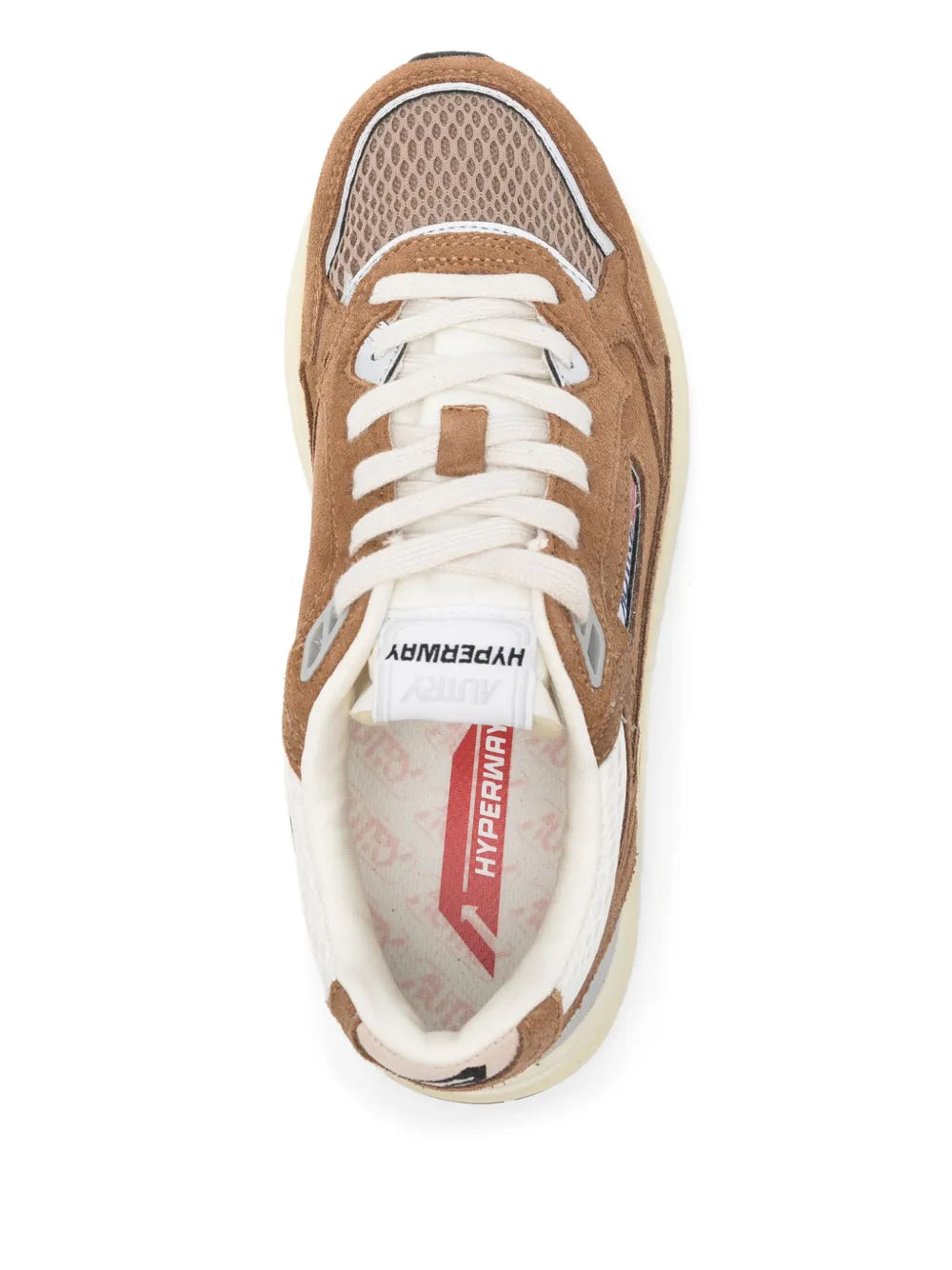 Brown low-top sneaker with white laces and text-print inner lining