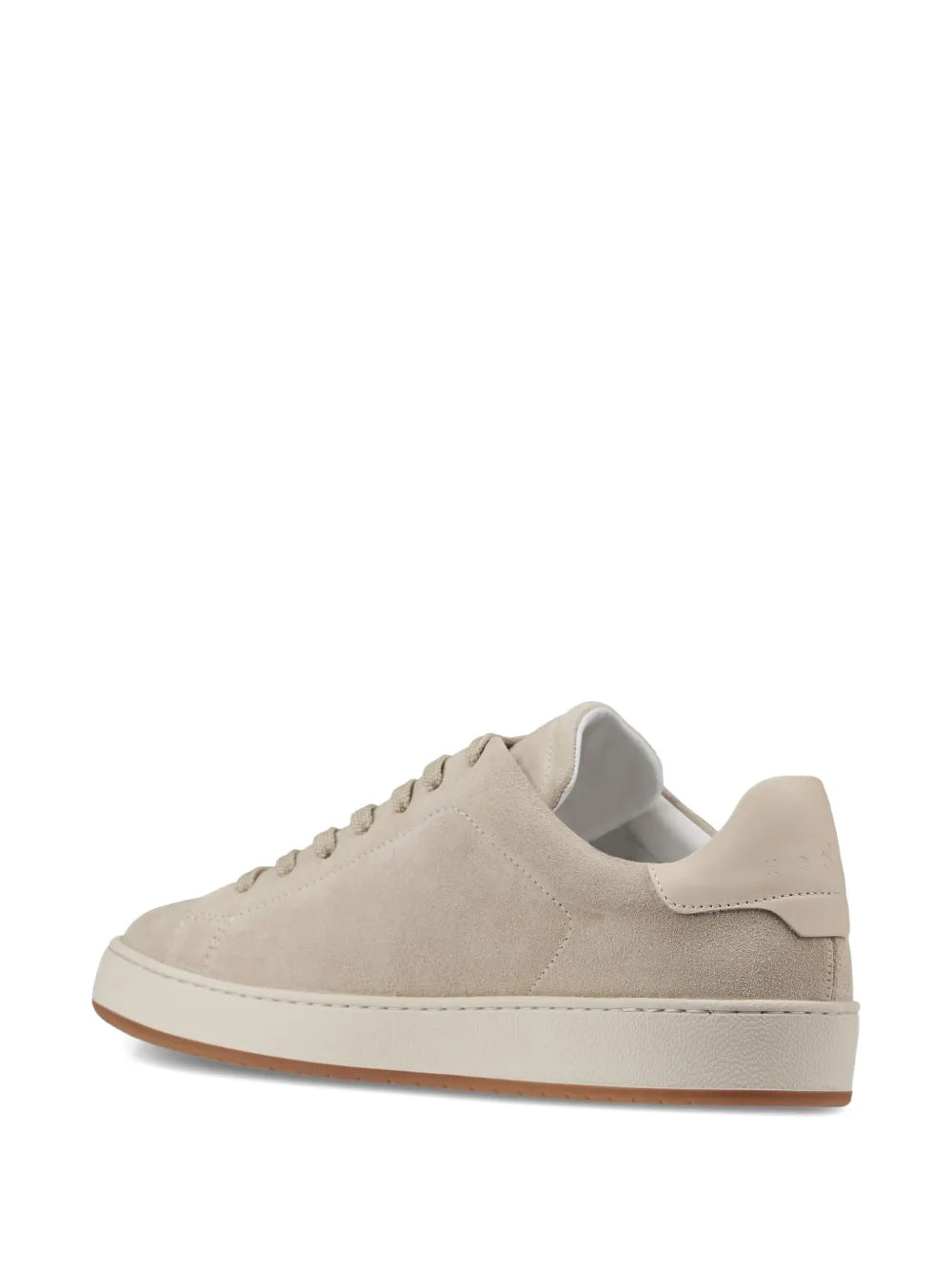Beige suede lace-up low-top sneakers with padded collar and tan rubber sole