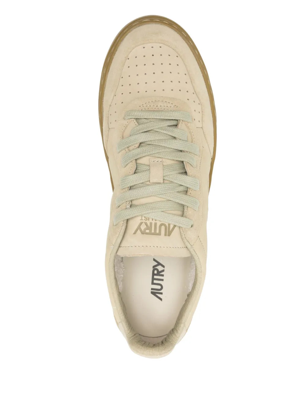 Beige low-top sneakers with lace-up tongue and KURIY text on insole