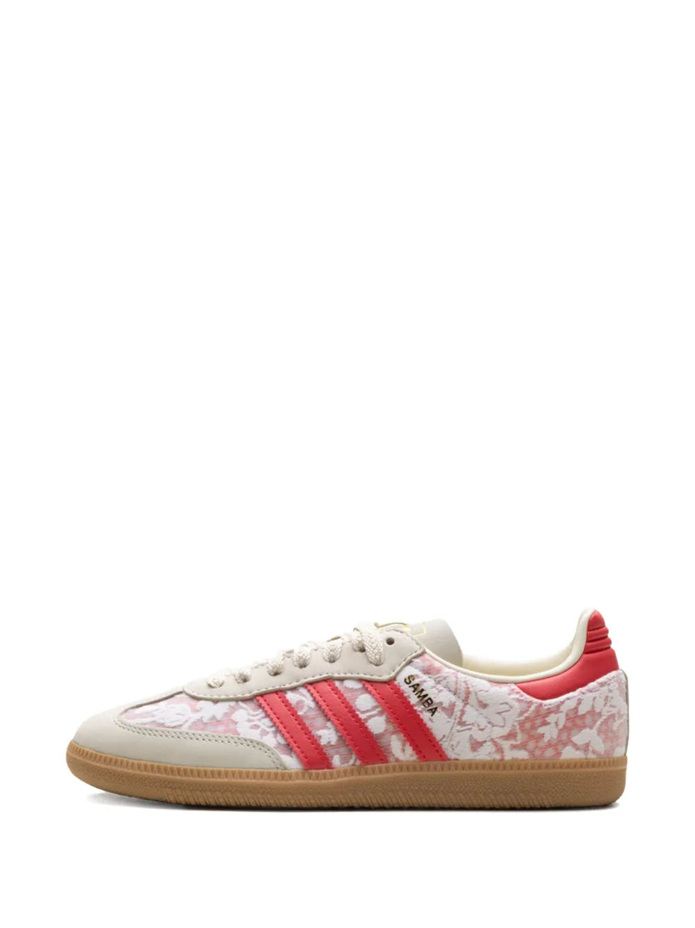 Adidas Samba sneakers in white with red three stripes and lace-up front, gum sole.