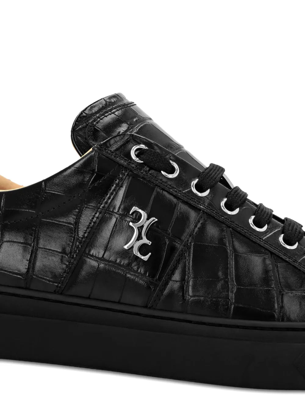 Black crocodile-effect leather sneakers with side emblem and lace-up front