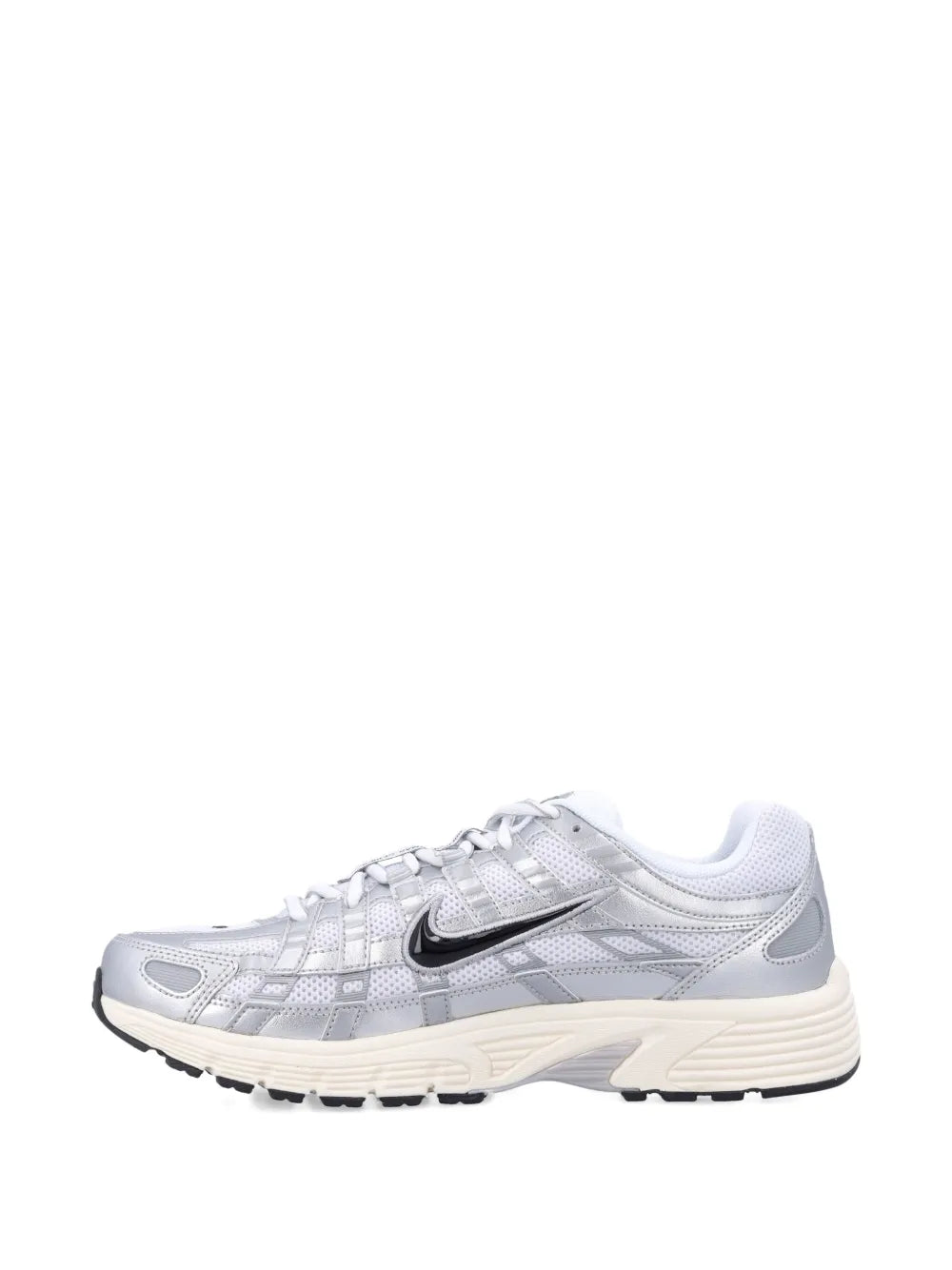 Nike P-6000 mesh-panel sneaker, front side view in light gray with black Swoosh