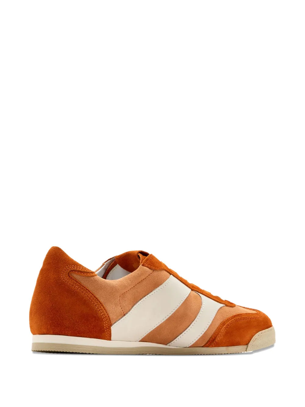 Orange suede panelled sneaker with white side stripes and low profile sole