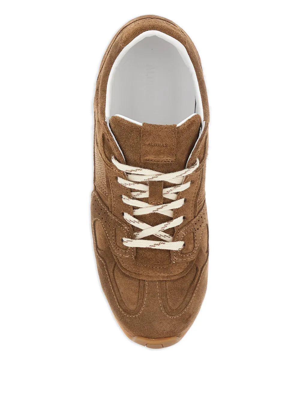 Brown suede sneaker front view with white laces and padded collar