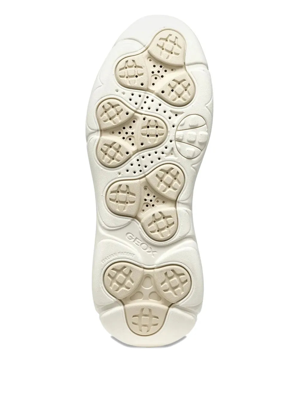 Beige sneaker outsole with tread pattern and molded Geox branding