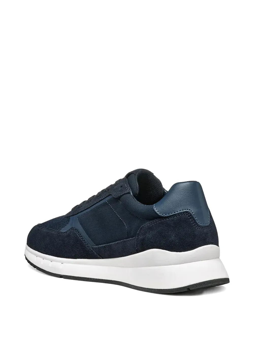 Geox navy blue suede lace-up sneakers, rear side view with white midsole and outsole