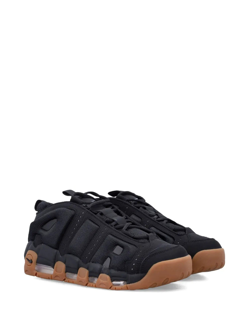 Black basketball sneaker front 3/4 view with lace-up top and gum-look outsole