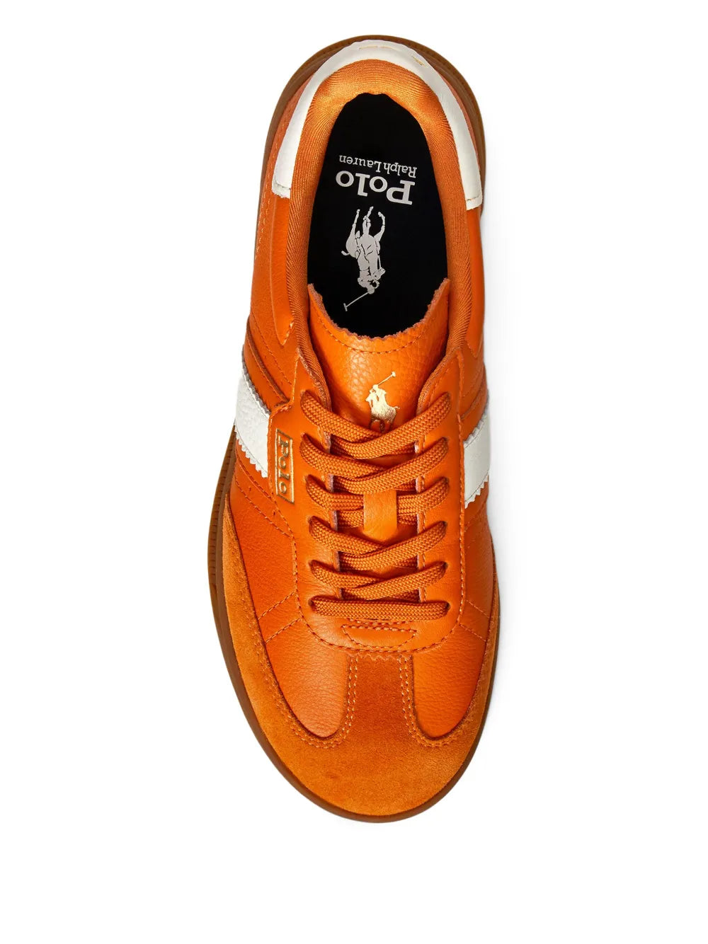 Orange suede leather sneakers with Polo logo and lace-up design on top