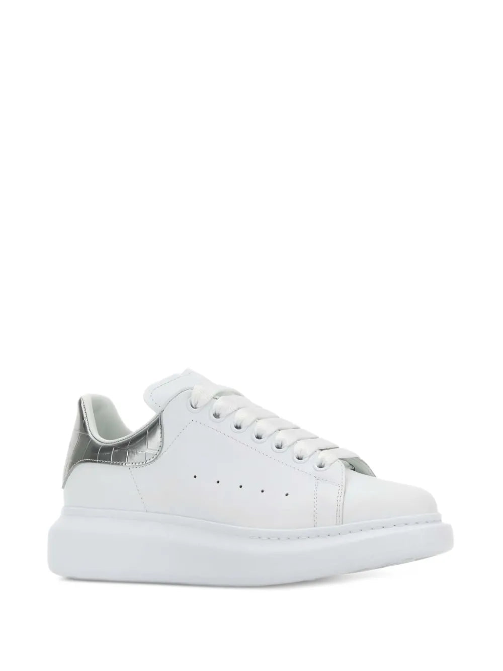 White lace-up crocodile-effect leather sneaker with rounded toe and thick sole