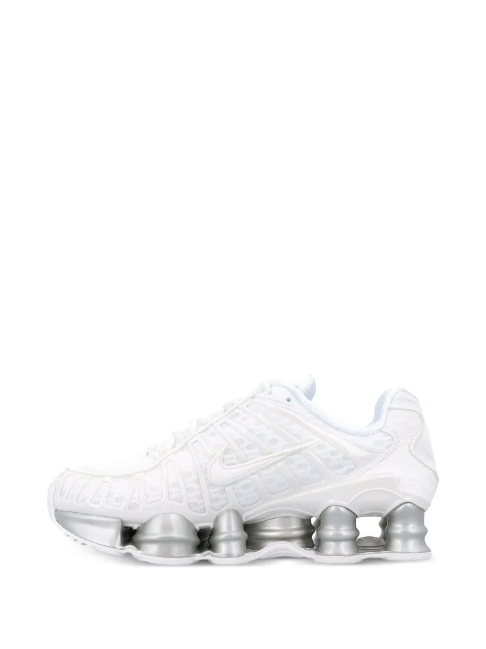 White athletic sneaker with low-profile Shox pod sole and molded side design