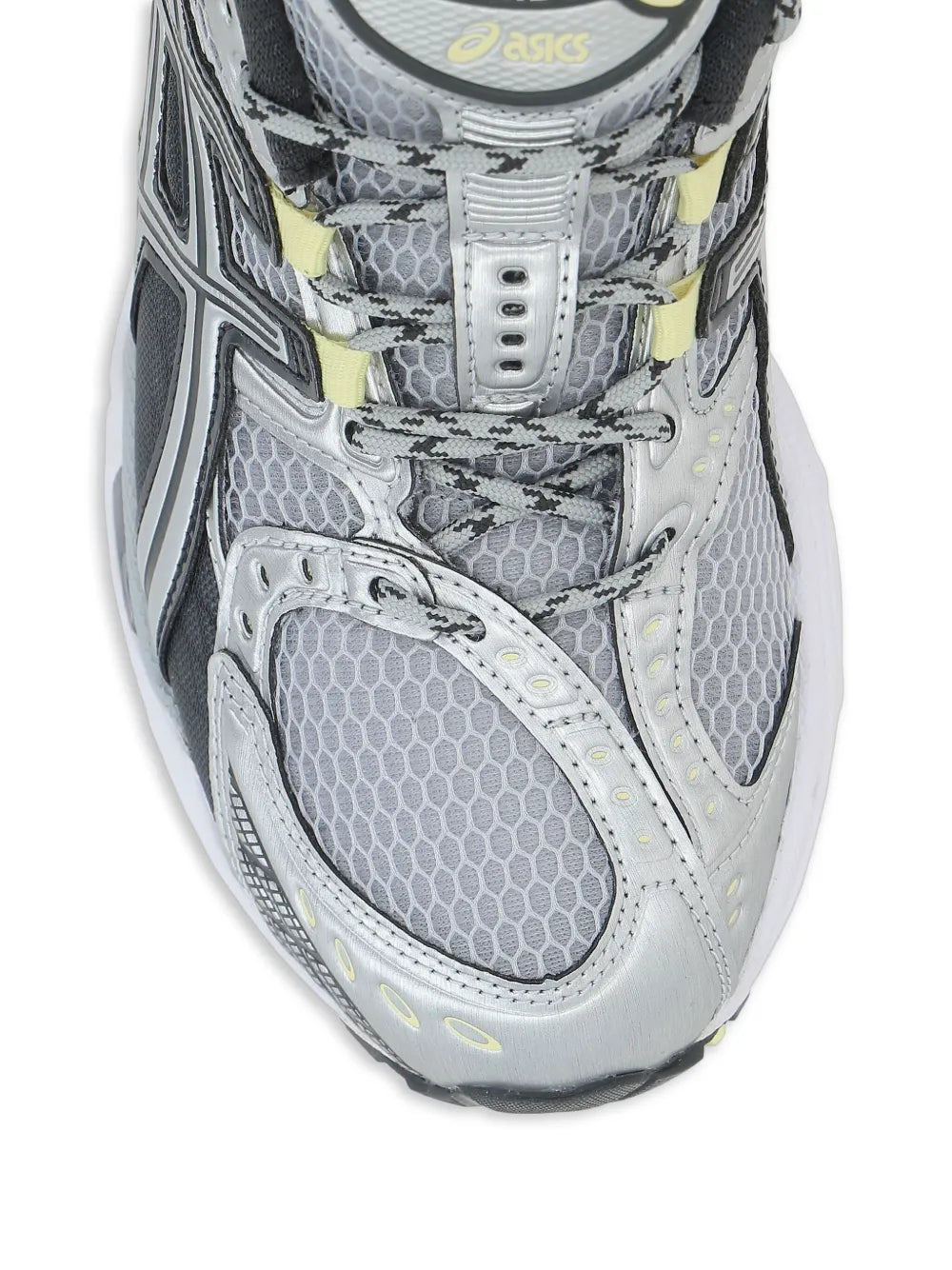 Grey and white Asics sneaker upper with mesh pattern, lacing panel detail, close-up.